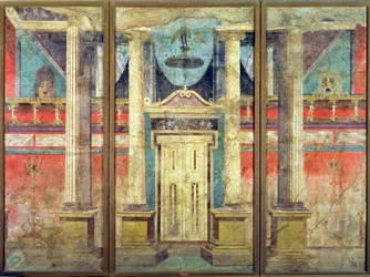 Wanddekoration aus der Villa von P. Fannius in Boscoreale, nahe Pompeji, abgeleitet von einem griechischen Bühnenbild, ca. 40-30 v. Chr.